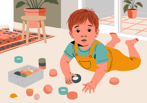 Illustration of a toddler playing with toys on the floor at home