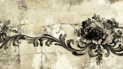 Ornate floral design on a distressed backdrop.