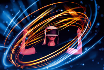 Woman using virtual reality headset on dark blue background. Bright neon lines around her