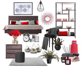 Different furniture and decorative elements on white background, collage. Bedroom interior with red...