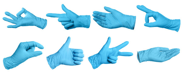 Nitrile medical gloves isolated on white, collage collage of gestures