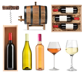 Set with wine bottles, glasses and barrel isolated on white
