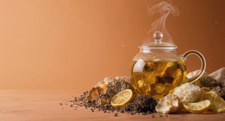 Hot steaming herbal tea in glass teapot with lemon slices and assorted natural herbs on warm surface with earthy background for relaxation and wellness