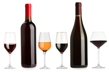 Different types of wine, set. Bottles and glasses isolated on white
