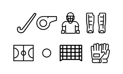Field hockey essentials: equipment icons including stick, ball, protective gear, and whistle