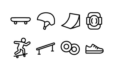 Naklejka premium Minimalist skateboarding icon set: skateboard, helmet, ramp, watch, skater, rail, wheels, sneakers