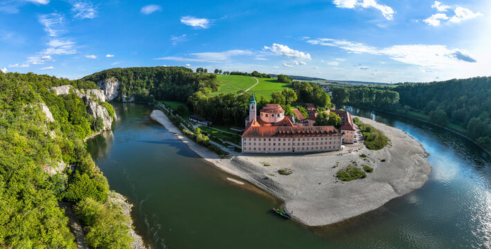 Germany, Bavaria, Kelheim, Aerial panorama of Weltenburg Abbey in summer