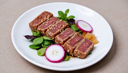 Freshly prepared seared tuna steak slices garnished with radish slices and mixed greens on a white plate for healthy seafood meal presentation
