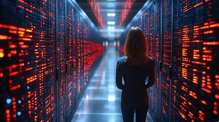 Woman in modern data center technology