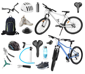 Bicycles, its parts and accessories on white background, collage