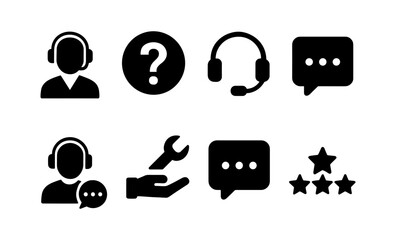 Customer service icons: headset, chat, support tools, and ratings