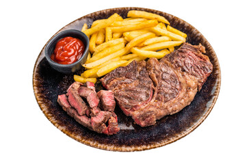 Roasted and sliced Chuck eye roll steak, prime beef meat on a plate with french fry isolated on...