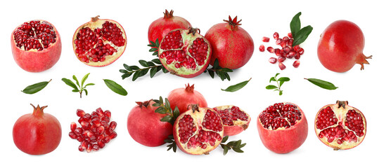 Pomegranate fruits and green leaves isolated on white, set