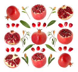 Pomegranate fruits and green leaves isolated on white, set