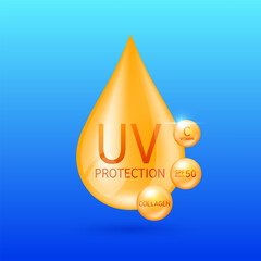 UV protection drop and orange ball SPF 50 vitamin C collagen. Protects UVA UVB against sunlight ultraviolet attacks. For cosmetic products ads. Vector.