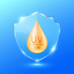 UV protection and SPF 50 PA. Orange water drop in glass shield translucent. Protects against UVA, UVB, sunlight and ultraviolet attacks. For design cosmetic products ads. Health care concept. Vector.