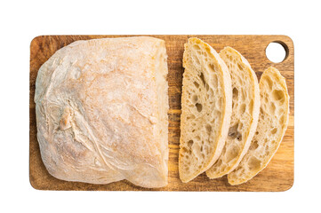 Italian fresh baked and sliced ciabatta bread isolated on white background