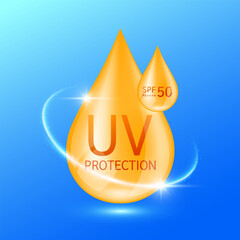 UV protection and SPF 50 PA. Orange water drop with surrounding ring. Protects against UVA, UVB, sunlight and ultraviolet attacks. For design cosmetic products ads. Health care concept. Vector.