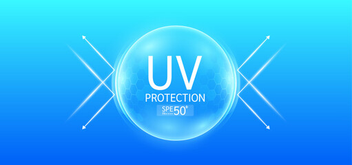UV protection SPF 50 PA in bubbles transparent hexagonal dome with arrow reflects light UVA UVB. Protects against sunlight ultraviolet attacks. For design cosmetic products ads. Vector.