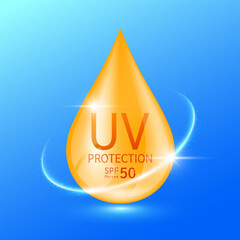 UV protection and SPF 50 PA. Orange water drop with surrounding ring. Protects against UVA, UVB, sunlight and ultraviolet attacks. For design cosmetic products ads. Health care concept. Vector.