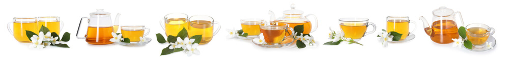 Delicious jasmine tea and fresh flowers on white background, set