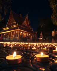 Temple courtyard lit with candles at night during festival