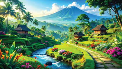 Naklejka premium Gorgeous view of a mountain village and blooming flowers. Lush tropical landscape with river and mountain. Tropical garden landscape river view. Idyllic village with river, mountains, and lush flora