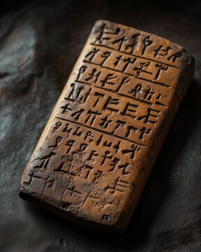 Ancient clay tablet with engraved script on dark background 