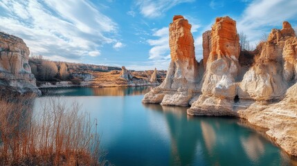 Dramatic landscape of unique rock formations rising from a calm lake under a vibrant sky.