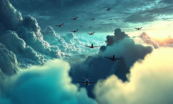 Flying warbirds among ethereal cloudscapes