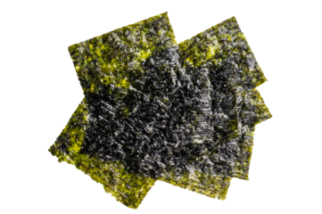 Dried nori seaweed sheets isolated on white background. top view
