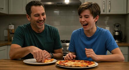 Father and Teenage Son Enjoying Homemade Pizza in Modern Kitchen