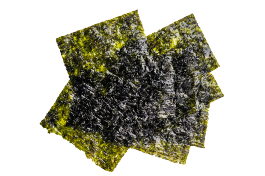 Dried nori seaweed sheets isolated on white background. top view