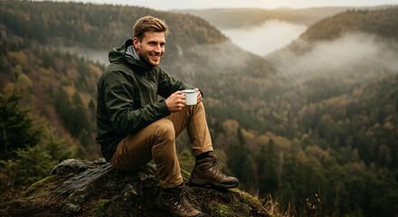 Young Man Enjoying Coffee on a Mountainous Trail Surrounded by Forest and Mist