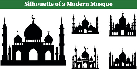 Collection of 5 black silhouette mosque designs with domes and minarets isolated on transparent background 