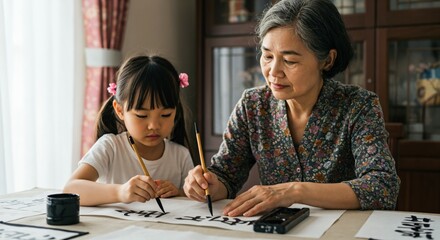 Artistic Bond: Elderly Asian Woman Teaching Young Girl Calligraphy at Home