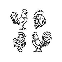 Rooster Line Art Vector Set – Proud, Tribal, and Decorative Chicken Illustrations