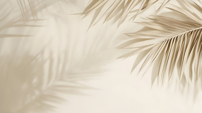 Soft cream background with palm leaf shadows, creating an elegant and minimalist aesthetic. Background with copy space.