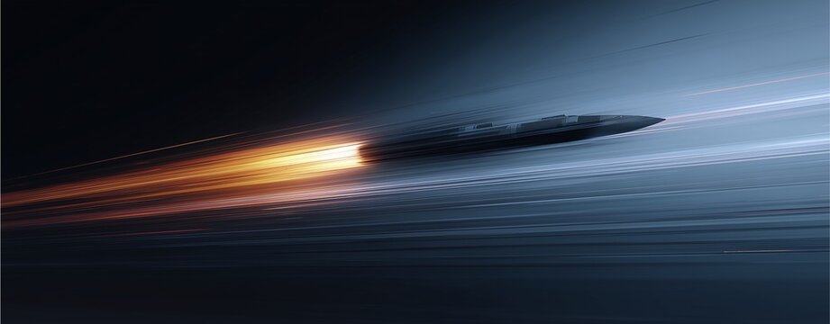 Hypersonic Flight: A sleek, dark spacecraft streaks across the night sky, its powerful engine leaving a fiery trail.  The image evokes a sense of speed, power, and the future of space exploration.