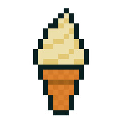 Vanilla ice cream in a cone in pixel art style isolated on white background. A cute and nostalgic frozen dessert illustration perfect for summer designs, apps, games and fun food branding.