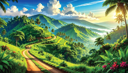Serene mountain landscape with lush green fields. Beautiful rolling hills and tropical scenery in daylight. Tranquil nature view with winding road through the mountains