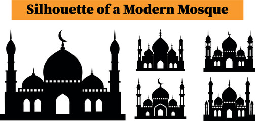 Collection of 5 black silhouette mosque designs with domes and minarets isolated on transparent background 