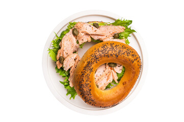 Bagel with lox and cream cheese, smoked salmon isolated on white background