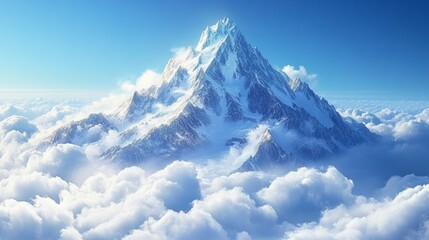 Majestic snow-capped mountain peak rising above a sea of clouds under a vibrant blue sky.