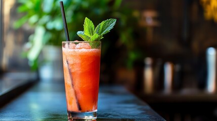 Refreshing orange frozen cocktail with mint garnish in a tall glass on a bar counter.