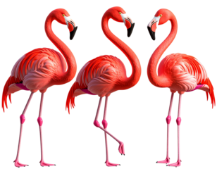 3D Flamingo Ornaments Facing Different Directions, Realistic Render, isolated on transparent background