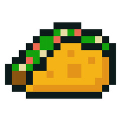 Colorful pixel art taco emoji with lettuce, tomato, cheese, and beef. A fun Mexican food illustration in 8 bit style, great for retro gaming, digital menus and culinary branding.