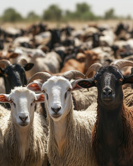 Group of goats in dry field facing camera on sunny day
