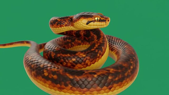 3D Rendered Snake Coiled with Orange and Brown Scales on Green Screen
