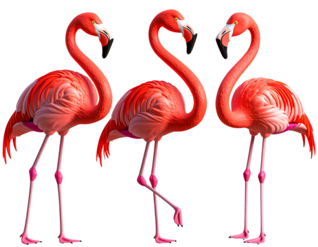 3D Flamingo Ornaments Facing Different Directions, Realistic Render, isolated on transparent background